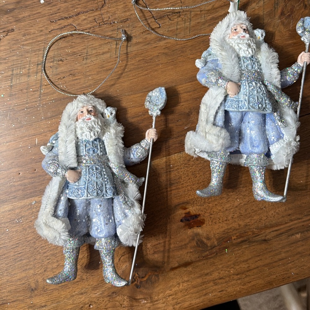 Set Of Two Blue And Silver Santa Ornaments